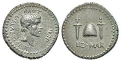 Roman Imperatorial. Brutus. 42 B.C. Base Metal denarius (19.0 mm, 2.88 g, 1 h). BIFACE / ROSA OFF-METAL TRIAL STRIKE. BRVT above, IMP before, L. PLAET. CEST behind, bare head right / EID·MAR, pileus b
