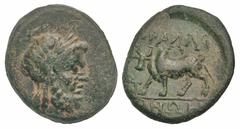 Lydia, Tralleis. 2nd-1st century B.C. AE 16 (15.9 mm, 2.75 g, 11 h). Laureate head of Zeus right / TPAΛΛI-ANΩN, Humped bull standing left, monogram before. SNG Cop 667; BMC 63. VF.