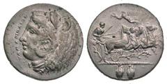 Sicily, Kamarina. Ca. 425-405 B.C. PB tetradrachm (25.8 mm, 16.38 g, 3 h). BIFACE LEAD / ROSA OFF-METAL TRIAL STRIKE. KAMAPINAIΩN, head of Herakles left, wearing lion's skin headdress / Athena driving