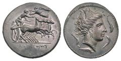 Sicily, Lilybaion. Punic Issue. 330-305 B.C. PB tetradrachm (27.4 mm, 16.72 g, 3 h). BIFACE LEAD / ROSA OFF-METAL TRIAL STRIKE. Charioteer driving quadriga right, Nike flying left above / Wreathed hea
