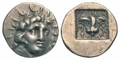 Islands off Caria, Rhodos. Rhodes. Ca. 170-150 B.C. AR hemidrachm (13.1 mm, 1.16 g, 11 h). "Plinthophoricï" coinage. Artemon, magistrate. Radiate head of Helios facing slightly right / APTEMΩN / P-O, 