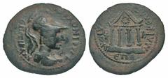 Lydia, Sardes. Civic Issue. Time of Vespasian, A.D. 69-79. AE assarion (22.6 mm, 3.51 g, 1 h). Marcellus to b, Ti Klau Phileino, strategos. ЄΠI TI KΛAY ΦIΛЄINOY CTPA, helmeted and draped bust of Roma 