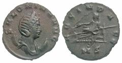 Salonina. Augusta, A.D. 254-268. AE antoninianus (20.9 mm, 3.55 g, 11 h). Mediolanum mint, Struck A.D. 266. SALONINA AVG, diademed and draped bust right, wearing stephane, set on crescent / AVG IN PAC