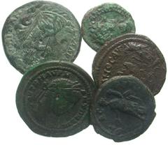 [Roman Provincial]. Lot of 5 Thracian Provincial Coins. Caracalla, Hadrianopolis / Gordian III, Hadrianopolis / Elagabalus, Odessus / Philip I, Deultum / Antoninus Pius, Serdica. F-VF. All group lots 