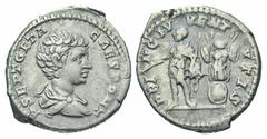 Geta. As Caesar, A.D. 198-209. AR denarius (19.0 mm, 3.46 g, 6 h). Rome mint, Struck A.D. 201. P SEPT GETA CAES PONT, bare-headed, draped and cuirassed bust right / PRINC IVVENTVTIS, Geta standing lef