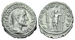 Maximinus I 'Thrax'. A.D. 235-238. AR denarius (20.3 mm, 2.66 g, 1 h). Rome mint, Struck A.D. 237. MAXIMINVS PIVS AVG GERM, laureate, draped and cuirassed bust right / P M TR P III COS P P, Maximinus 
