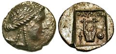 LYCIA. Lycian League, Phaselis. 167-88 BC. AR Hemidrachm (2.42 gm). Laureate head of Apollo / Lyre in shallow incuse square, sword behind shield and torch on either side. Troxell.51. Toned aXF.