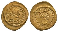 BYZANTINE EMPIRE. Justin II, 565-578 AD. Gold Tremissis (1.50 gm) of Constantinople. Diademed bust right / Victory advancing right. S.353. XF+, lt scr on rev.