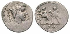 L. Titurius L.f. Sabinus. 89 B.C. AR denarius (18.5 mm, 3.88 g, 3 h). Rome mint. SABIN, Bare head of Tatius right; TA monogram to right of chin / L·TITVRI, two soldiers, facing each other, each carryi