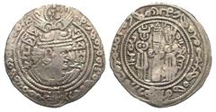 Hephthalites, Nezak Huns. Vakhu Deva. Ca. 720 A.D.. AR drachm (32.0 mm, 3.42 g, 11 h). Mint in Zabulistan or Seistan. Crowned Sasanian-style bust right, with lion's head between the wings; Brahmi lege