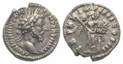 Marcus Aurelius. A.D. 161-180. AR denarius (18.9 mm, 3.09 g, 6 h). Rome mint, struck A.D. 166. M ANTONINVS AVG ARM PARTH MAX, laureate head right / TR P XX IMP IIII COS III, Victory standing right, ho