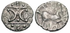 CELTIC BRITAIN, Iceni. "Anted", 10-40 AD. AR Unit (1.26 gm). Double crescent emblem (of ECEN) / Celticized horse, Anted momogram. S.441. VA.711 Toned VF+