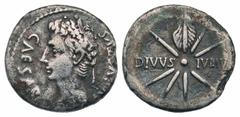 Augustus. 27 B.C.-A.D. 14 AR denarius (19.6 mm, 3.32 g, 5 h). Uncertain Spanish mint(Caesaraugusta?), struck 19-18 B.C. CAESAR AVGVSTVS, laureate head left / DIVVS IVLIVS, eight-rayed comet with tail 