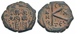 Justin II. 565-578. AE half follis (24.1 mm, 5.70 g, 7 h). Thessalonica mint, struck 574/575. D N IVSTINVS PP AV, Justin II and Sophia seated on throne facing, both nimbate; he holds a globus cruciger