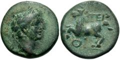 Lycia, Termessus Minor. Tiberius. A.D. 14-37. AE (18 mm, 4.79 g, 12 h). Laureate head right / TEP, horse rearing left. RPC I 3358; SNG Copenhagen 145; SNG von Aulock 4461. VF, green patina.  Ex Geor
