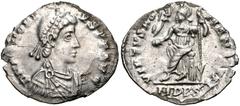Honorius. A.D. 393-423. AR siliqua (18 mm, 1.18 g, 12 h). Mediolanum, A.D. 394/5. D N [HO]NORI-VS P F AVG, diademed, draped, and cuirassed bust right / VIRTVS RO-MANORVM, Roma seated left on cuirass, 