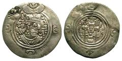 Sasanian Kingdom. Khusru II. A.D. 591-628. AR drachm (31.2 mm, 3.97 g, 3 h). WYH (Veh Kavad) mint, dated RY 38. Crowned and cuirassed bust right, star and crescent above crest, three stars within cres