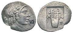 Lycia, Lycian League. Masicytes. Time of Augustus. ca. 27-20 B.C. AR hemidrachm (17.9 mm, 1.27 g, 12 h). Troxell Period IV, Series 6. laureate head of Apollo right / M-A, lyre, tripod below right; wit