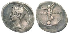 Octavian. 44-27 B.C. AR denarius (23.1 mm, 3.51 g, 6 h). Italian (Rome?) mint, Autumn 31- summer 30 B.C. Laureate head of Octavian left / CAESAR - DIVI F, Victory standing to left on globe and holding