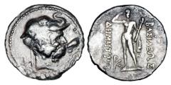 BAKTRIAN KINGDOM. Demetrios I, 200-190 BC. AR Obol (0.67 gm). Bust in elephant-skin headdress / Herakles standing with club. M.1632v. Toned VF, struck over uncertain host.