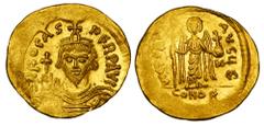 BYZANTINE EMPIRE. Phokas, 602-610 AD. Gold Solidus (4.48 gm) of Constantinople. Crowned cuirassed bust holding orb / Angel standing holding long chi-rho and orb. S.620. XF, weak spot.