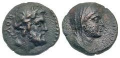 Lycia, Bubon. 2nd-1st centuries B.C. AE 20 (19.9 mm, 6.74 g, 11 h). BOY, laureate and bearded bust of Zeus right / Veiled female bust (Demeter?) right. SNG von Aulock -; BMC -; SNG Cop -; Lindgren III