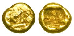 LYDIA. Kroisos, 560-546 BC. Gold Twenty-Fourth Stater (0.46 gm) of Sardes. Foreparts of lion and bull confronted / Incuse square. Berk.14. VF, scuff. Very Rare.