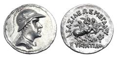 BAKTRIAN KINGDOM. Eukratides I, 171-145 BC. AR Tetradrachm (17.01 gm). Helmeted bust / The Dioskouroi on horseback. SNG.ANS.465. Mint. Outstanding!
