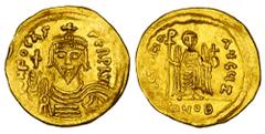 BYZANTINE EMPIRE. Phokas, 602-610 AD. Gold Solidus (4.32 gm) of Constantinople. Crowned facing bust / Angel standing. S.618. XF, edge ding.