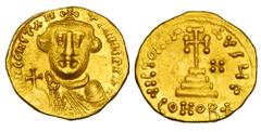BYZANTINE EMPIRE. Constans II, 641-668 AD. Gold Solidus (4.37 gm) of Constantinople. Crowned facing bust / Cross. S.952. aXF. Indiction 8(H). Scarce. ex. Neubecker collection.