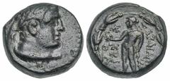 Lydia, Sardes. Civic Issue. Ca. 200-133 B.C. AE 17 (17.3 mm, 7.06 g, 1 h). Kriea, magistrate. Laureate bust of a Herakles right, with lion's skin tied around neck / ΣAPΔIANΩN KPIEA, Apollo standing le