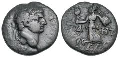 Pamphylia, Side. Domitian. As Caesar, A.D. 69-81. AE 18 (18.2 mm, 3.51 g, 1 h). Struck after A.D. 83. ΔOMITIANOC KAICAP, laureate head right / CID-HT, Athena advancing left, holding spear and shield; 