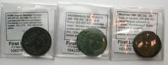 [Roman Imperial]. 3 Different AE Folles of Maximian 286-310 AD. . The lot has coins of 3 mints issued from 302-306 AD: Aquileia, Rome & Trier. The coin types are 2 Providentia and Quies & 1 Moneta. Th