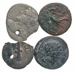 [Roman Republican & Imperatorial]. Lot of 4 Damaged Roman Republican Denarii. Four Roman Republican denarii; (2) are fourrees, (2) are pierced and chipped. Low grade. All group lots are sold as-is, re
