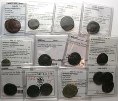 [Roman Imperial]. Lot of 15 Late Roman Bronze Coins. Including an AE denarius of Aurelian, (3) Licinius I, (4) Constantius II, Constantine II, Crispus, city commemorative, Theodora, Magnentius, Valens