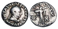 BAKTRIAN KINGDOM. Menander I Soter, 155-130 BC. AR Drachm (2.03 gm). Helmeted bust / Athena Alkidemos. SNG.ANS.805v. Toned aVF. ex Sellwood collection.