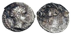 BAKTRIAN KINGDOM. Eukratides, 171-145 BC. AR Obol (0.61 gm). Diademed draped bust / Caps of the Dioskouri. SNG.ANS.455. Toned VF, spot horn silver.