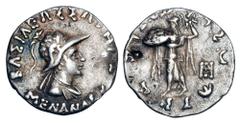 BAKTRIAN KINGDOM. Menander I Soter, 155-130 BC. AR Drachm (2.42 gm). Helmeted bust / Athena standing with thunderbolt and shield. SNG.ANS.882. VF, b/m or rev. ex Sellwood collection.