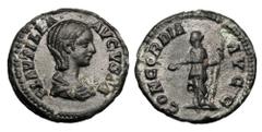 PLAUTILLA, wife of Caracalla, died 212 AD. AE Limes Denarius (2.81 gm), 202 AD. Draped bust / Concordia standing, holding patera and sceptre. RIC.363a cf. aXF, gray patina. These AE denarii are though