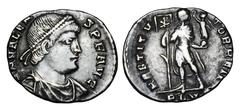 VALENS, 364-378 AD. AR Siliqua of Lugdunum (1.90 gm). Diademed bust right / Valens standing holding Victory and laborum. RIC.6. Toned VF+. Scarce. ex Harptree Hoard. The East Harptree Hoard was discov