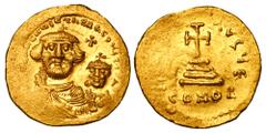 BYZANTINE EMPIRE. Heraklios, 610-641 AD. Gold Solidus (4.41 gm) of Constantinople. Crowned facing busts of emperor & son / Cross on four steps. S.738. Near Mint, weak spots.