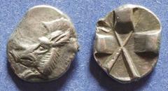 Lycia, Uncertain dynast 520-480 BC, Tetrobol, 2.47g: Obv: Forepart of a boar left Rev: Incuse pattern with three high points and an "X" pattern. SNG Von Aulock 4051. Test cut on the reverse