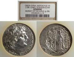 Seleucid Kingdom, Antiochos VII 138-129 BC, Tetradrachm - NCG Slab, : Obv: Diademed head of Antiochos VII right Seleucid Kingdom, Antiochos VII 138-129 BC, Tetradrachm - NCG Slab, : Obv: Diademed head
