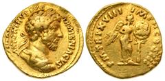 Marcus Aurelius. A.D. 161-180. AV aureus (21 mm, 7.78 g). Rome mint, A.D. 164. ANTONINVS AVG ARMENIACVS, laureate and cuirassed bust right / P M TR P XVIII · IMP II COS III, Victory standing right, ho