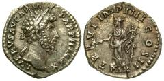 Lucius Verus. A.D. 161-169. AR denarius (18.53 mm, 2.73 g, 6 h). Rome mint, struck A.D. 166. L VERVS AVG ARM PARTH MAX, laureate head right / TR P VI IMP IIII COS II, PAX, Pax standing left, holding o