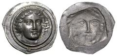 United States Islands off Caria, Rhodos. Rhodes. 408-404 B.C. PB tetradrachm (33.7 mm, 10.56 g). UNIFACE LEAD / ROSA OFF-METAL TRIAL STRIKE. Head of Helios facing slightly right / reverse impression. 