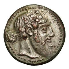 United States Sicily, Naxos. Ca. 461-430 B.C. Clad tetradrachm (25.1 mm, 10.67 g). UNIFACE CLAD / ROSA OFF-METAL TRIAL STRIKE. Bearded head of Dionysos right, wearing tainia decorated with an ivy bran