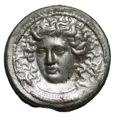 United States Sicily, Syracuse. Dionysios I. 405-367 B.C. PB tetradrachm (27.2 mm, 2.56 g). UNIFACE LEAD / ROSA OFF-METAL TRIAL STRIKE. APEΘOΣA in obverse margin, Head of Arethusa facing slightly left