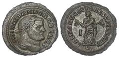 Roman Imperial Galerius. As Caesar, A.D. 293-305. Æ Follis (30.0 mm, 10.09 g, 7 h). Carthage, A.D. 303. MAXIMIANVS NOB CAES, laureate head right / SALVIS AVGG ET CAESS FEL KART, Carthage standing left