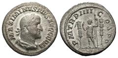 Roman Imperial Maximinus I 'Thrax'. A.D. 235-238. AR denarius (20.0 mm, 1.80 g, 6 h). Rome, A.D. 238. MAXIMINVS PIVS AVG GERM, laureate, draped and cuirassed bust right / P M TR P IIII COS P P, Maximi